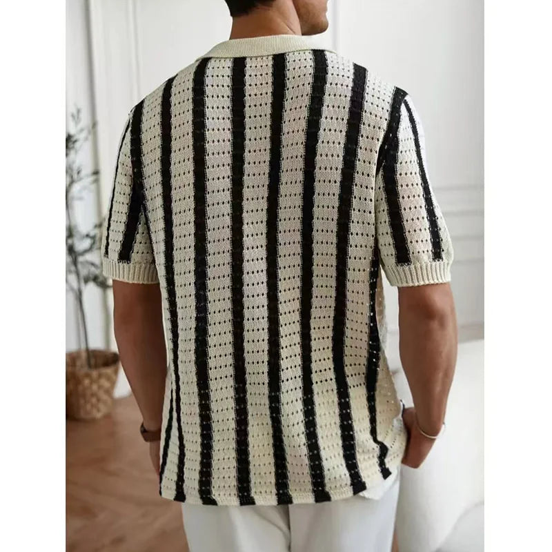 Summer New Men Knitted Shirt Lapel Casual Tees Shirts Business Social Striped Hollow Out Knit Cardigan Men Clothing Steetwear