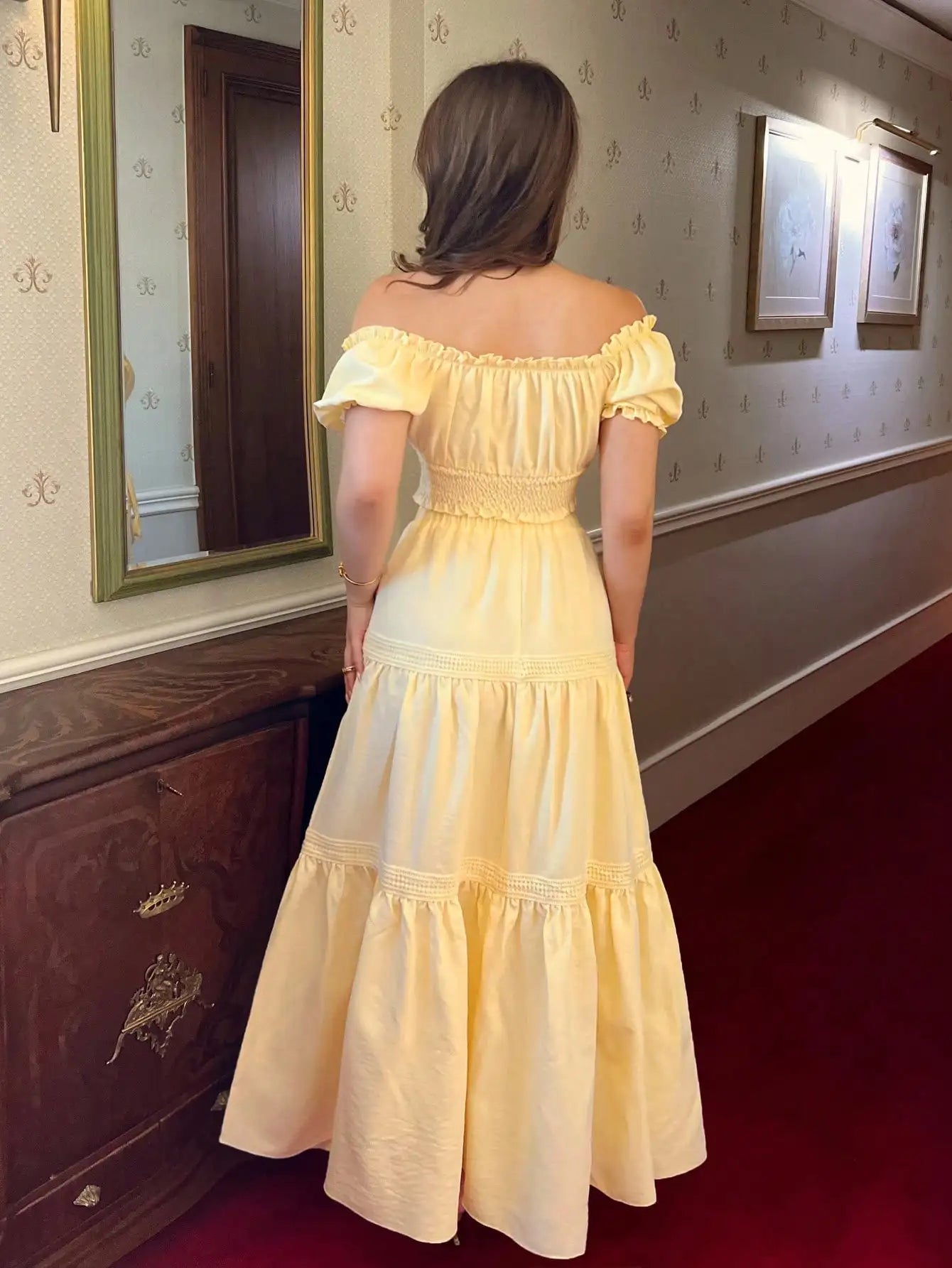 Yellow Off-Shoulder Puff Sleeve Crop Top & Tiered Skirt Set