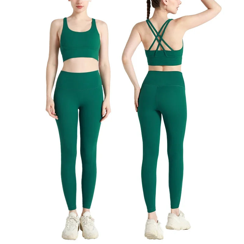 Summer Women’s 2 Piece Yoga Set – Cross Back Sports Bra & High Waist Leggings, Breathable Nylon Gym Workout Outfit