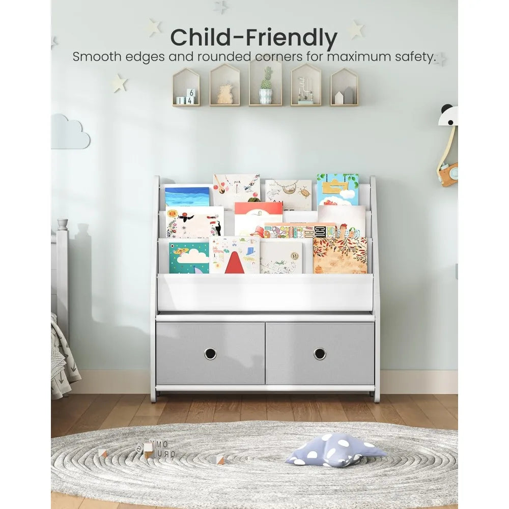 Bookshelf and Toy Storage, 4 Tier Large Capacity Book Rack, Sling Bookcase, for Room, Nursery, Playroom, White and Gray MCW06WT