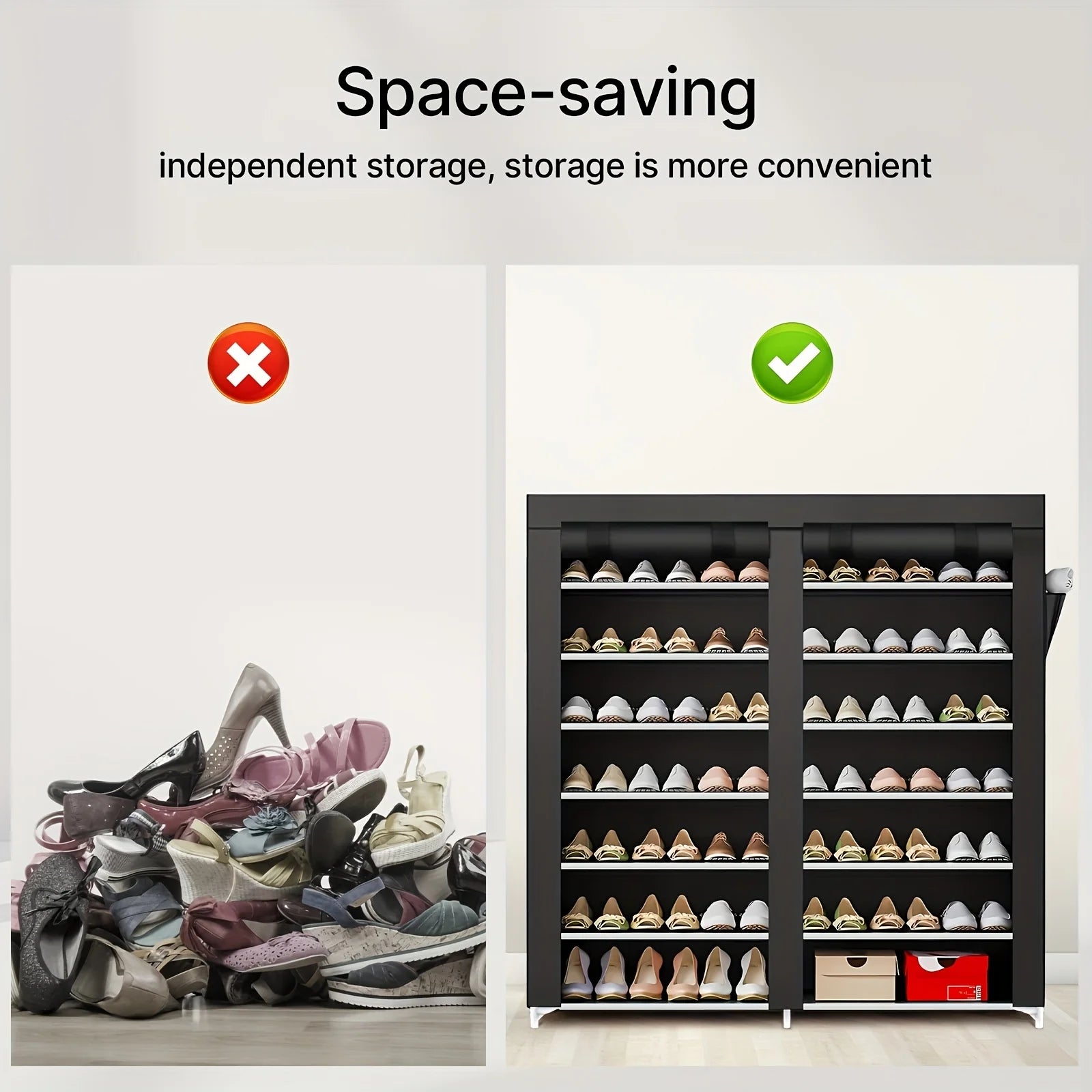 6-layer double row shoe rack with dust cover, easy to assemble and store shoes, black plastic design, 12 grid storage rack