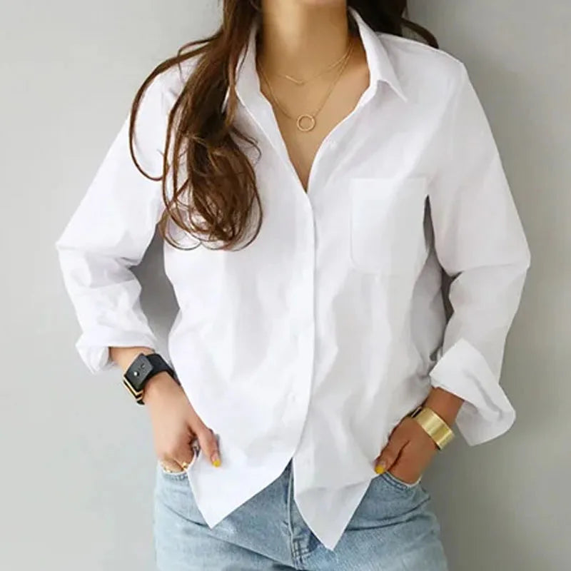 OL Style Tops Fashionable Commuting Style Long Sleeved Lapel White Shirt Elegant Office Lady Cotton Blouse Camisa Feminina 3496
