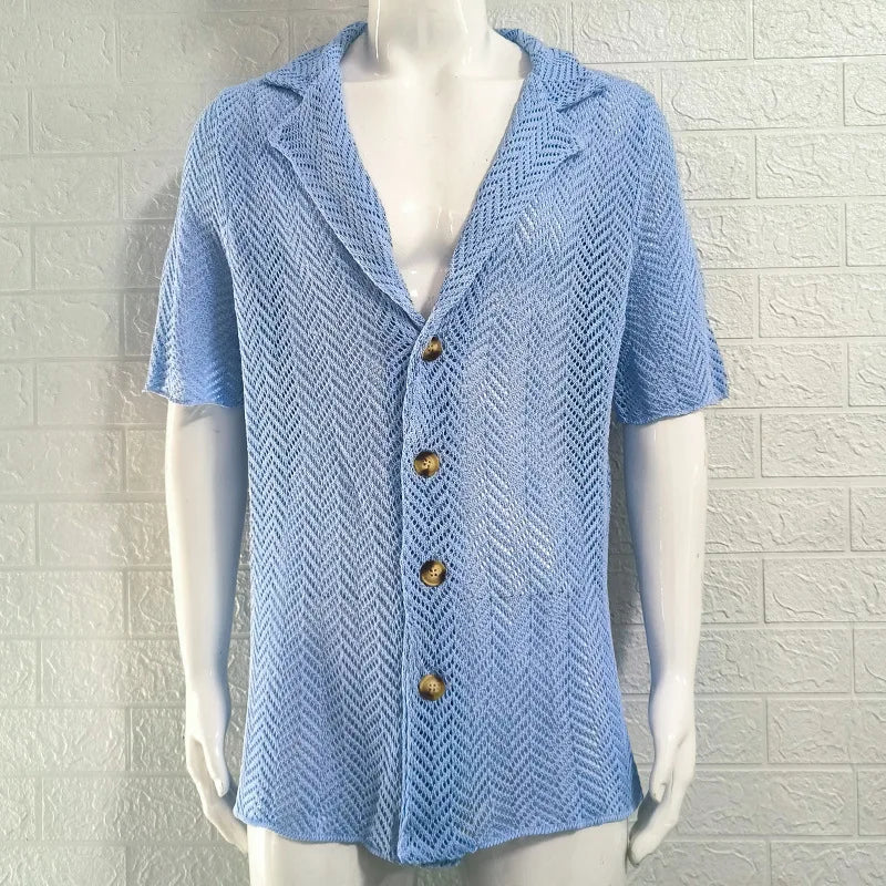 Summer Hollow Knitted Sweater Men's Solid Color Slim-fitting Lapel Short-sleeved Knitted Top Fashion Men's Clothing