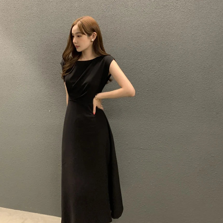 Ele Chic Summer round Ne Pleated Waist Cinching A-Line Svel Vest Dr Long Dr Commute Sle Regular Fit Mediu...