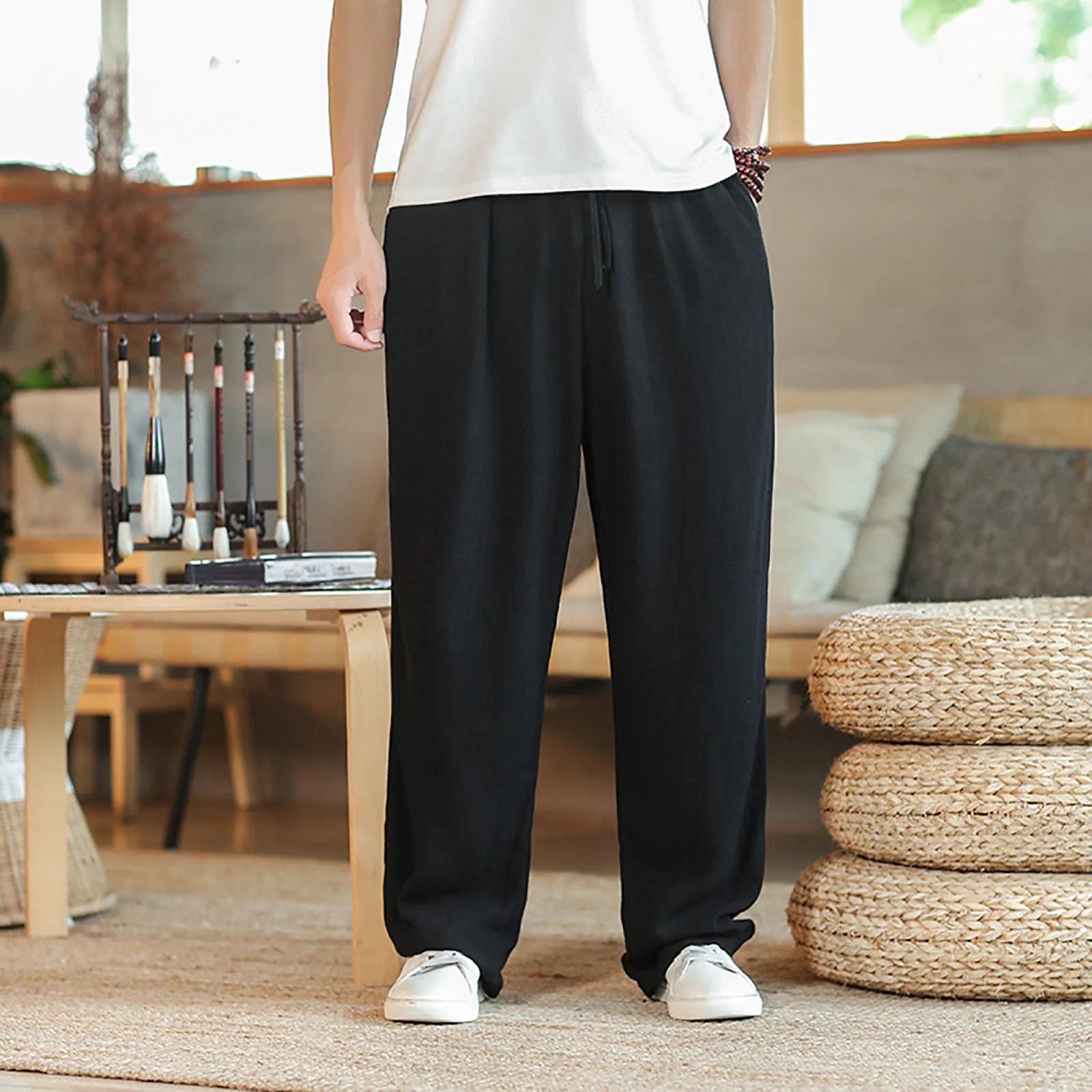 Summer Spring Cotton Linen Men Pants Japan Style Large Size Wide Leg Pants Oversized Loose Casual Trousers Black Male Pants
