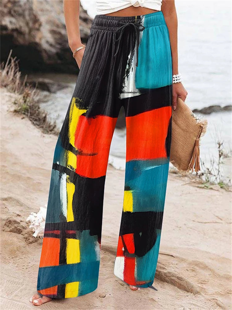 Outdoor Beach Resort Style Collection Women's Floral Print Wide-Leg Pants Relaxed Drawstring Design Casual Comfort Trousers