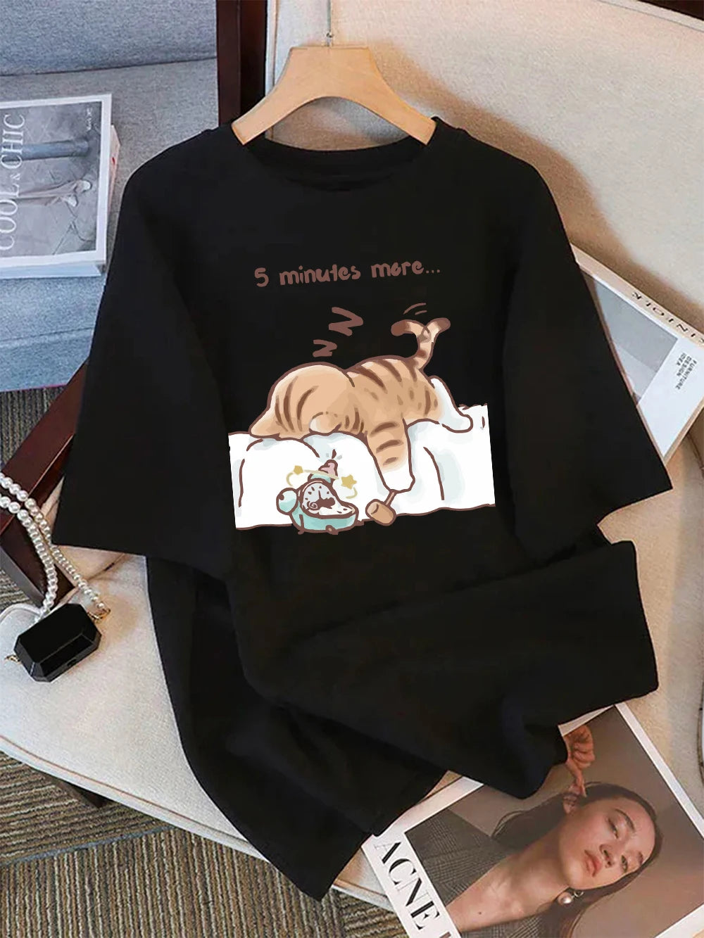 Women T-Shirt Cotton Summer The Cat That Always Wants To Sleep Pattern Prints T Shirt O-Neck Soft Loose Tops Basic Woman Clothes