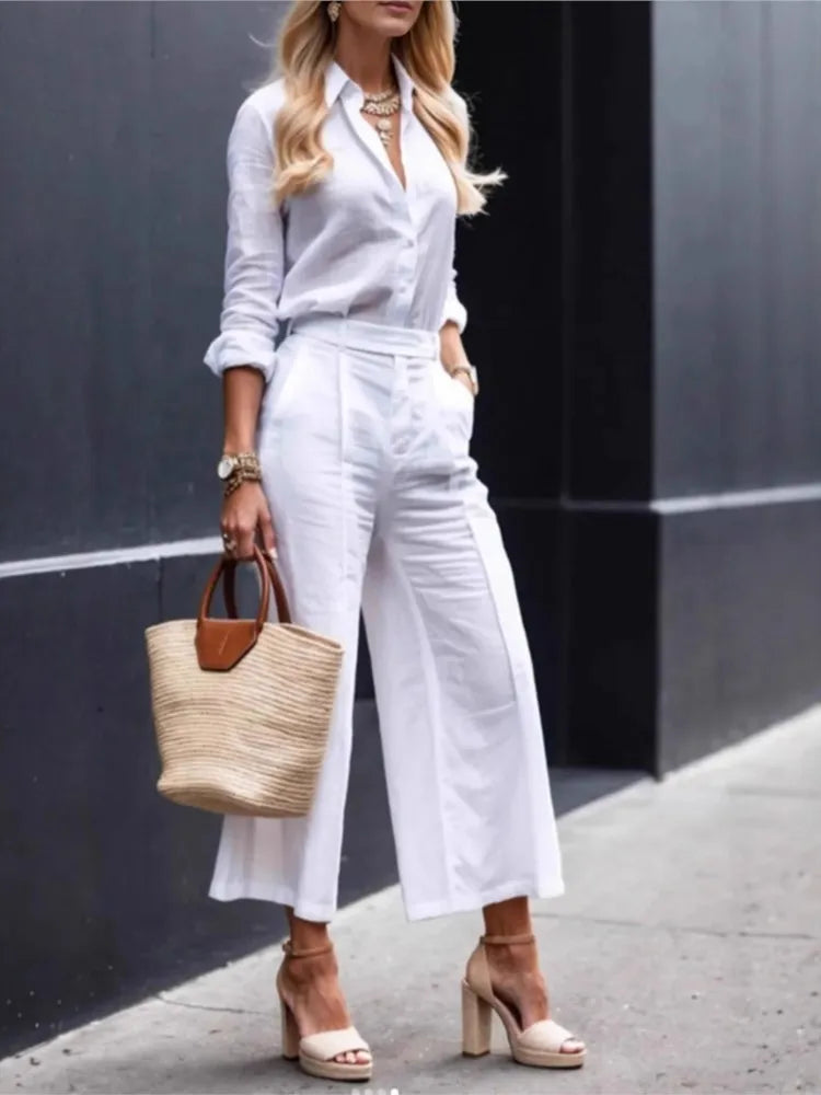 New Fashion Casual Commuting Cardigan Long-sleeved Top Wide-leg Trousers Two-piece Set Women's Elegant Solid Color Trousers Set