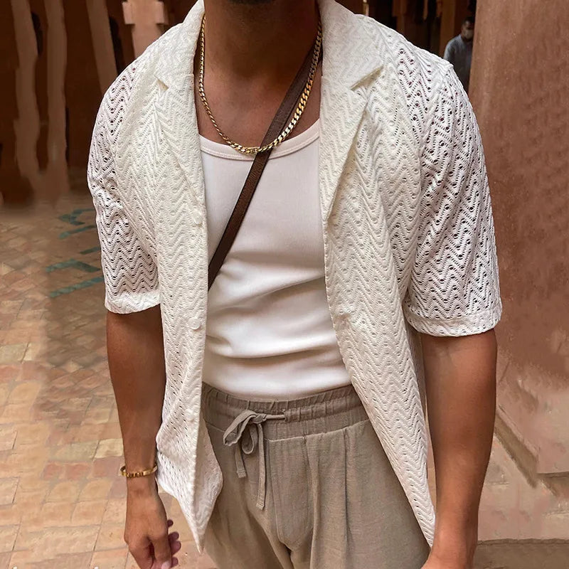 Summer Hollow Knitted Sweater Men's Solid Color Slim-fitting Lapel Short-sleeved Knitted Top Fashion Men's Clothing