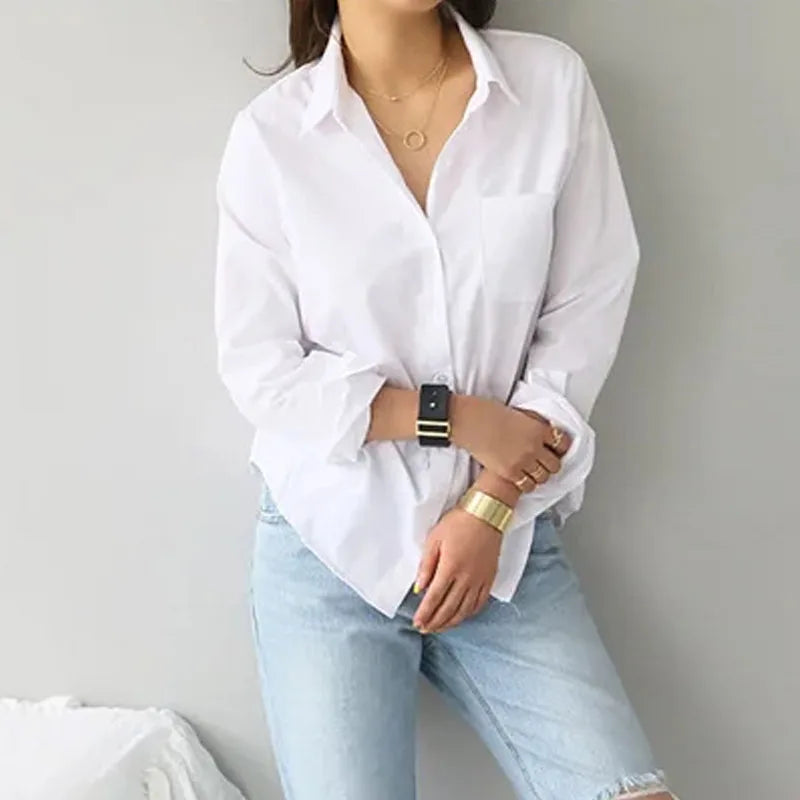 OL Style Tops Fashionable Commuting Style Long Sleeved Lapel White Shirt Elegant Office Lady Cotton Blouse Camisa Feminina 3496