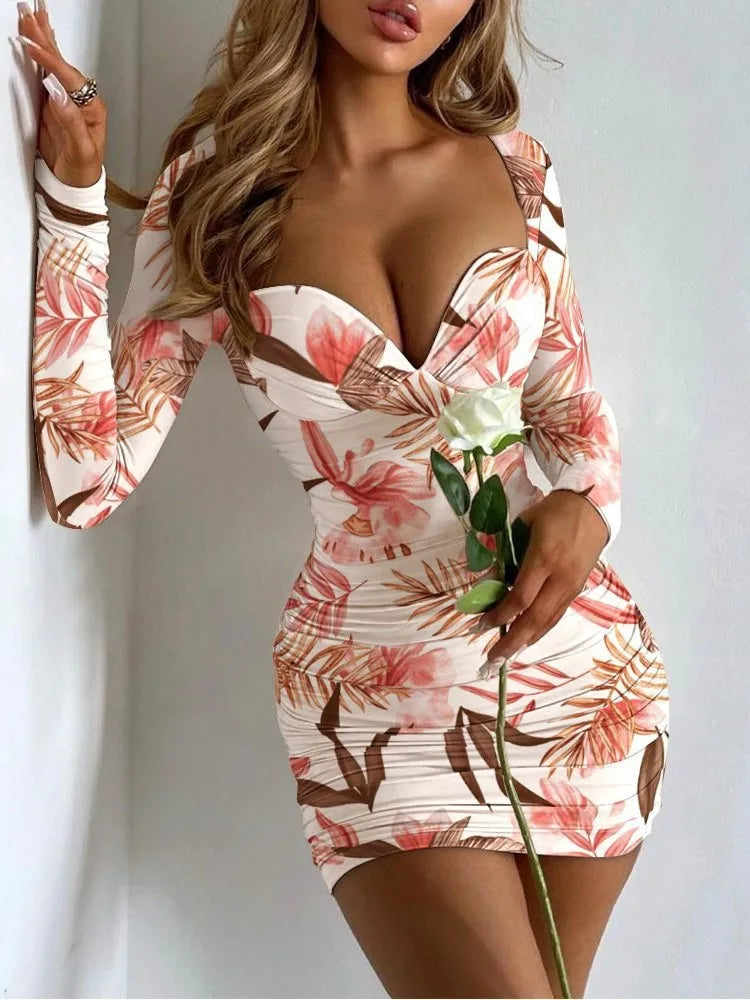 Sexy Package Hip Slim Mini Dress Printed Low Cut Bodycon Party Night Club Dresses For Women Fashion Trendy Tight Short Vestidos