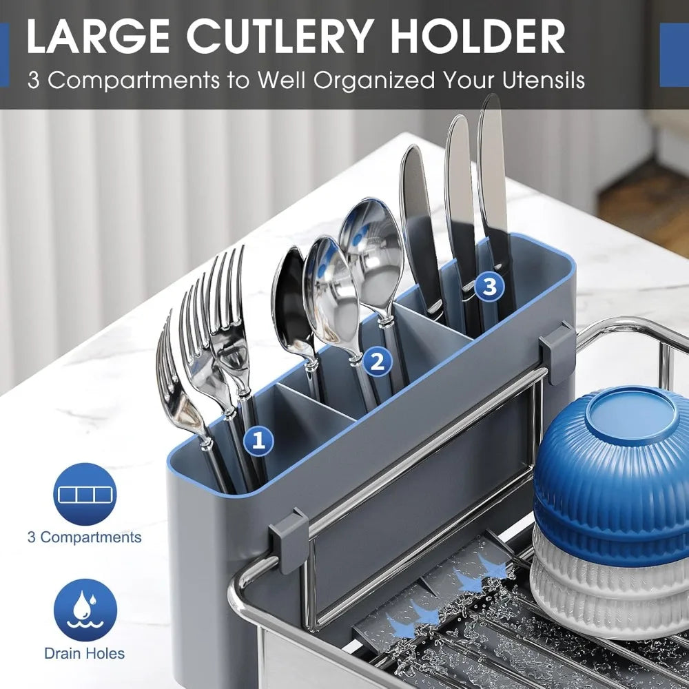 Stainless Steel Dish Drying Rack - Large Capcity 304 Grade Dish Drainer for Kitchen Counter with Drain Board