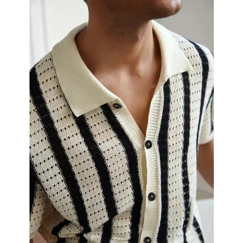 Summer New Men Knitted Shirt Lapel Casual Tees Shirts Business Social Striped Hollow Out Knit Cardigan Men Clothing Steetwear