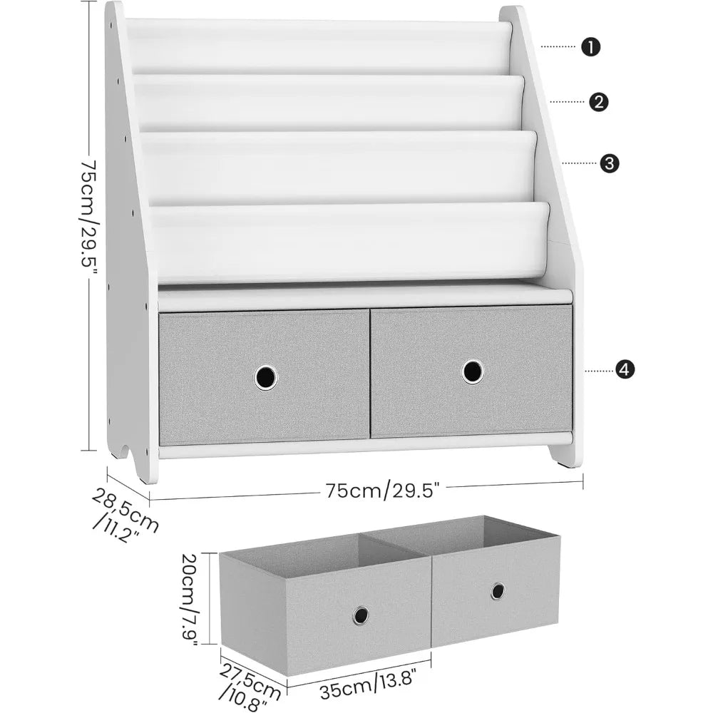 Bookshelf and Toy Storage, 4 Tier Large Capacity Book Rack, Sling Bookcase, for Room, Nursery, Playroom, White and Gray MCW06WT
