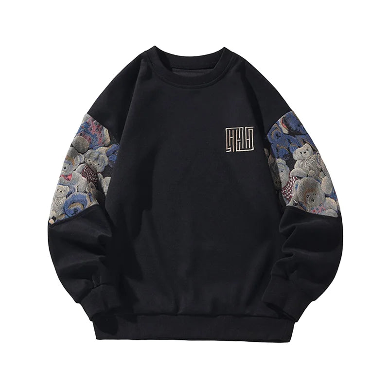 Men s Spring Autumn Loose Pullover Long Sleeve Crewneck Bear Embroidery Casual Sweatshirt